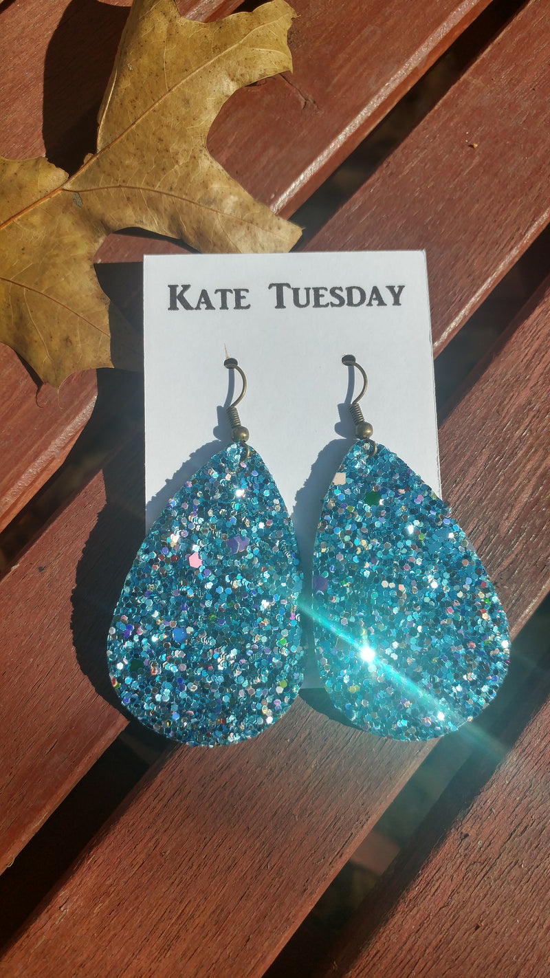 Turquoise Blue Glitter Teardrop Earrings