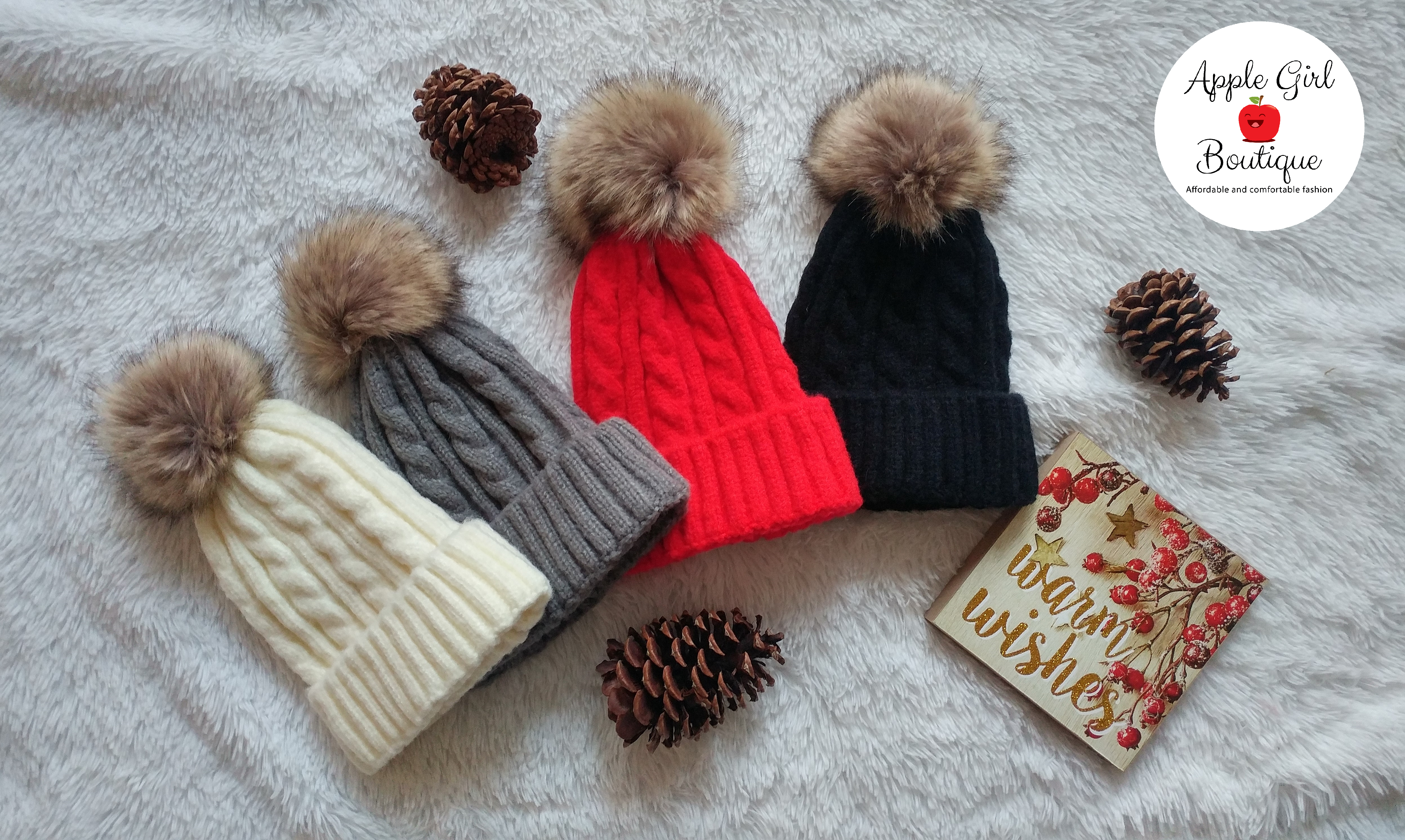Cable Knit Hat with Faux Rabbit Fur Pom Pom