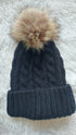 Cable Knit Hat with Faux Rabbit Fur Pom Pom