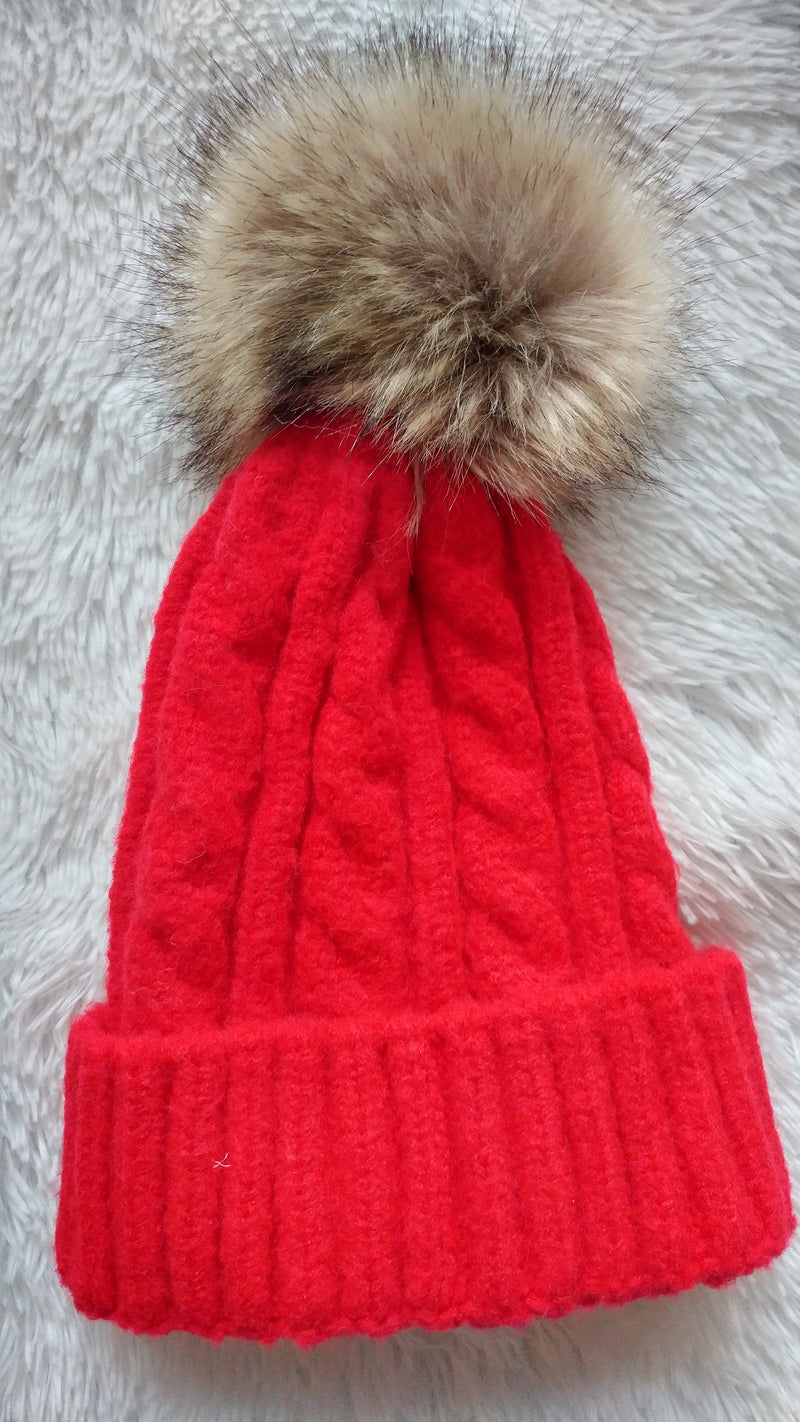 Cable Knit Hat with Faux Rabbit Fur Pom Pom
