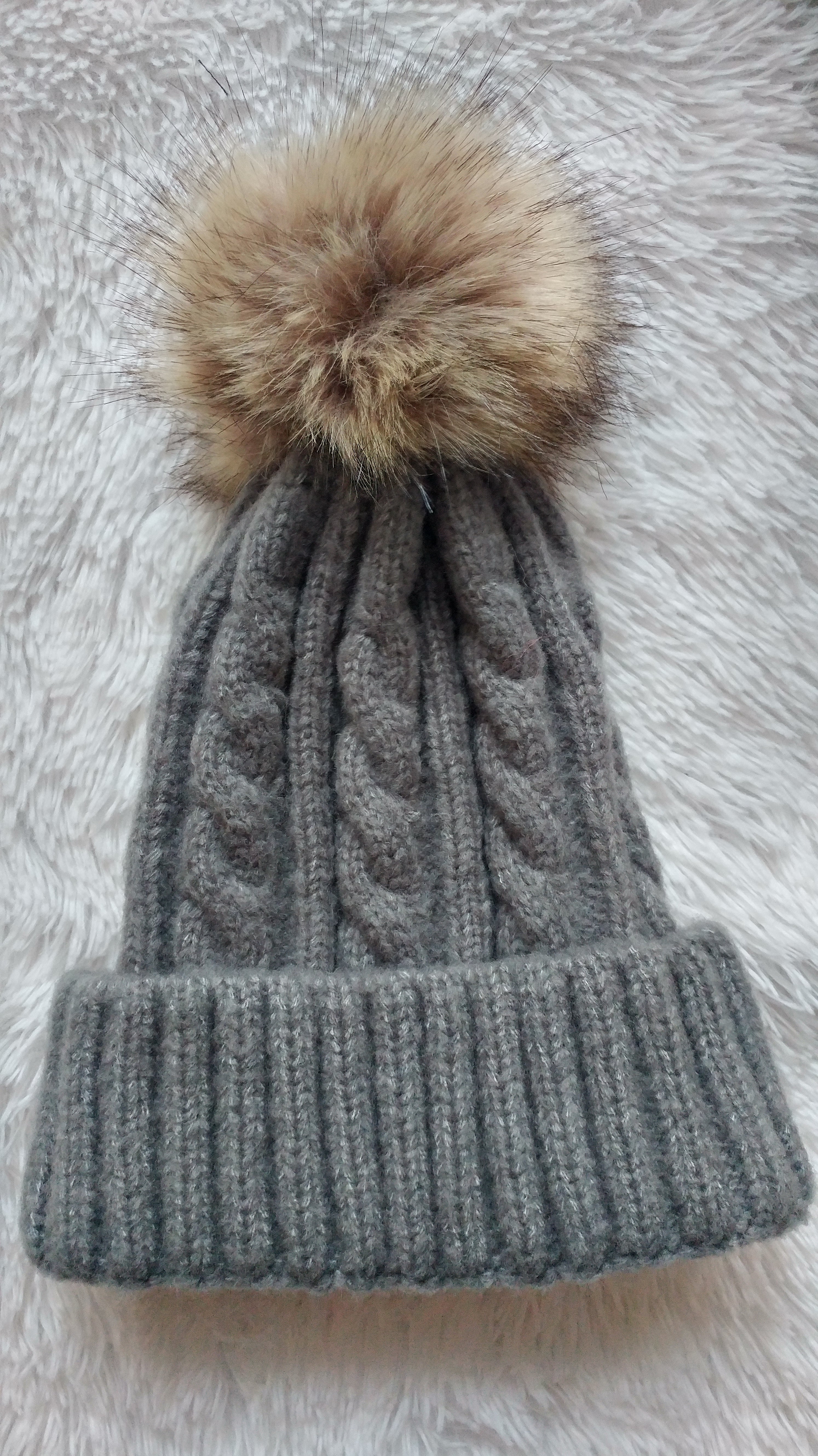 Cable Knit Hat with Faux Rabbit Fur Pom Pom
