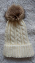 Cable Knit Hat with Faux Rabbit Fur Pom Pom