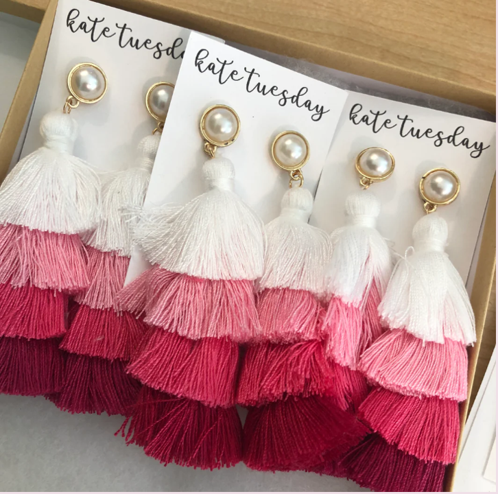 Four Layer Pink & Pearl Tassel Earrings