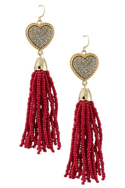 Crystal Heart Tassel Earrings