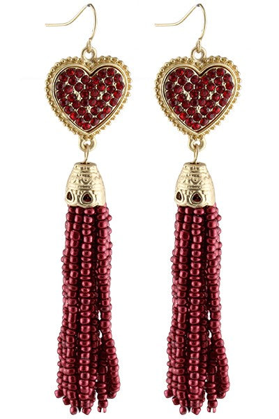 Crystal Heart Tassel Earrings