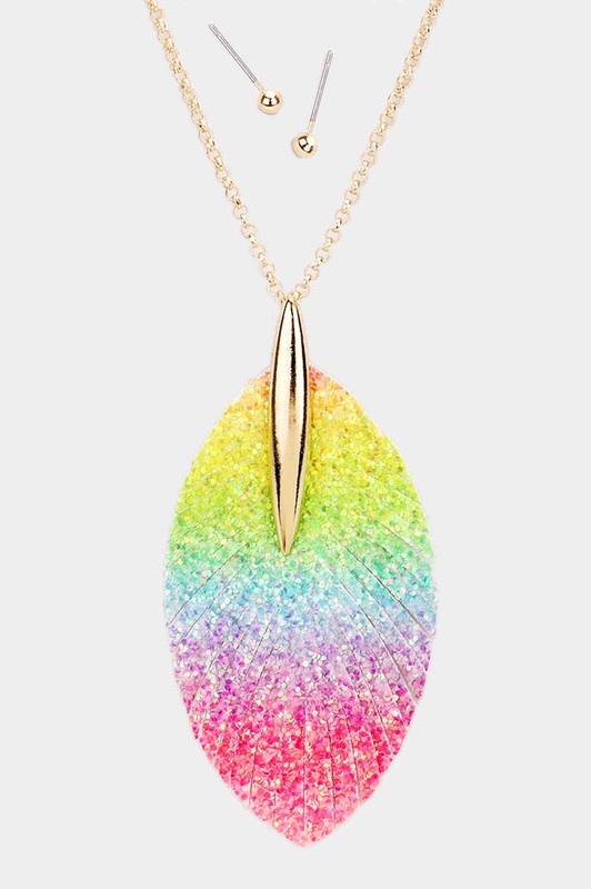Rainbow Glitter Leaf Genuine Leather Necklace Set