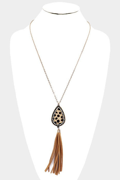 Leopard Leather & Crystal Teardrop Necklace