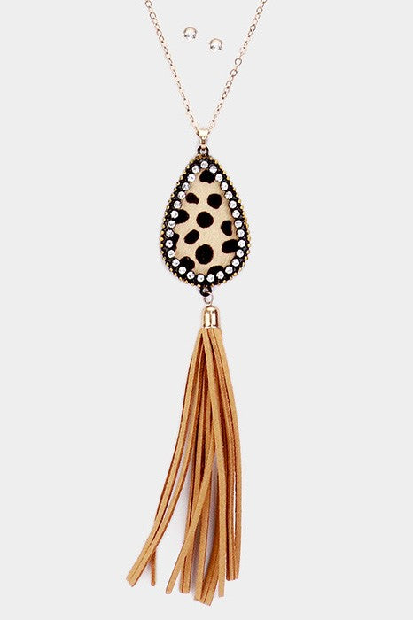 Leopard Leather & Crystal Teardrop Necklace