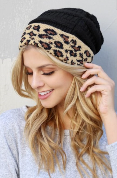 Black or Cream Cable Knit Leopard Trim Hat