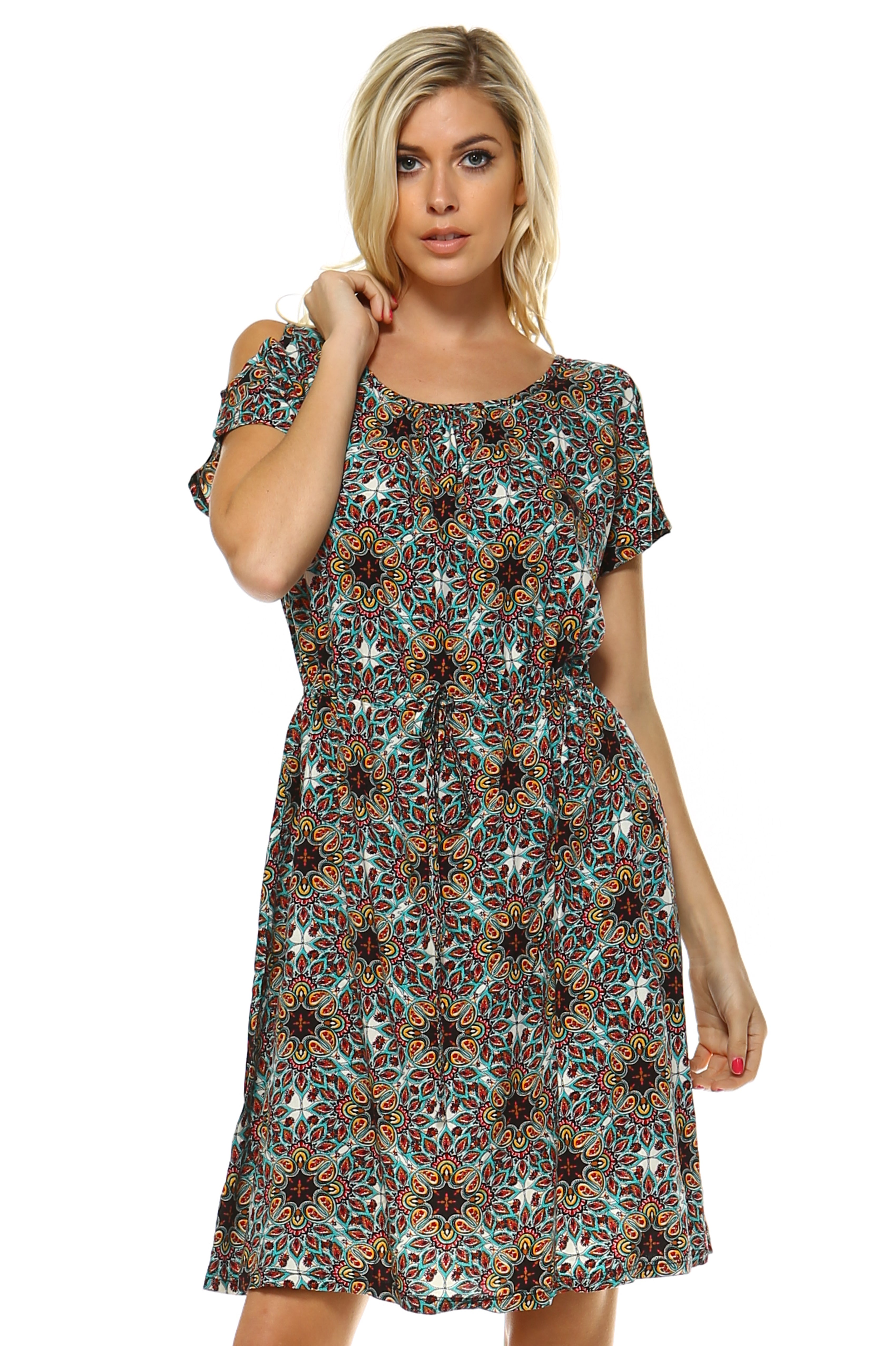 The Savannah - Women's Turquoise Print Cold Shoulder Dress