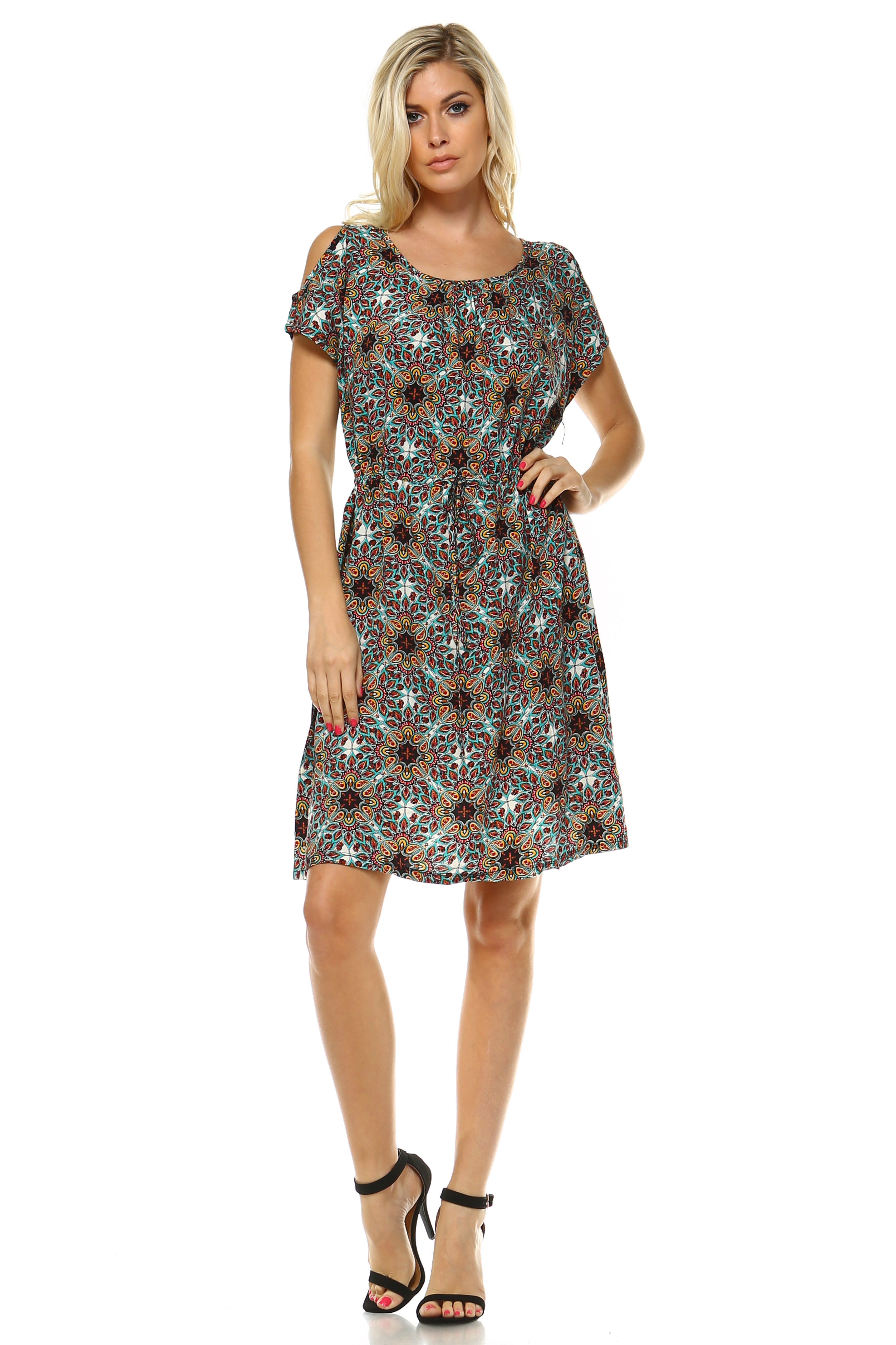 The Savannah - Women's Turquoise Print Cold Shoulder Dress