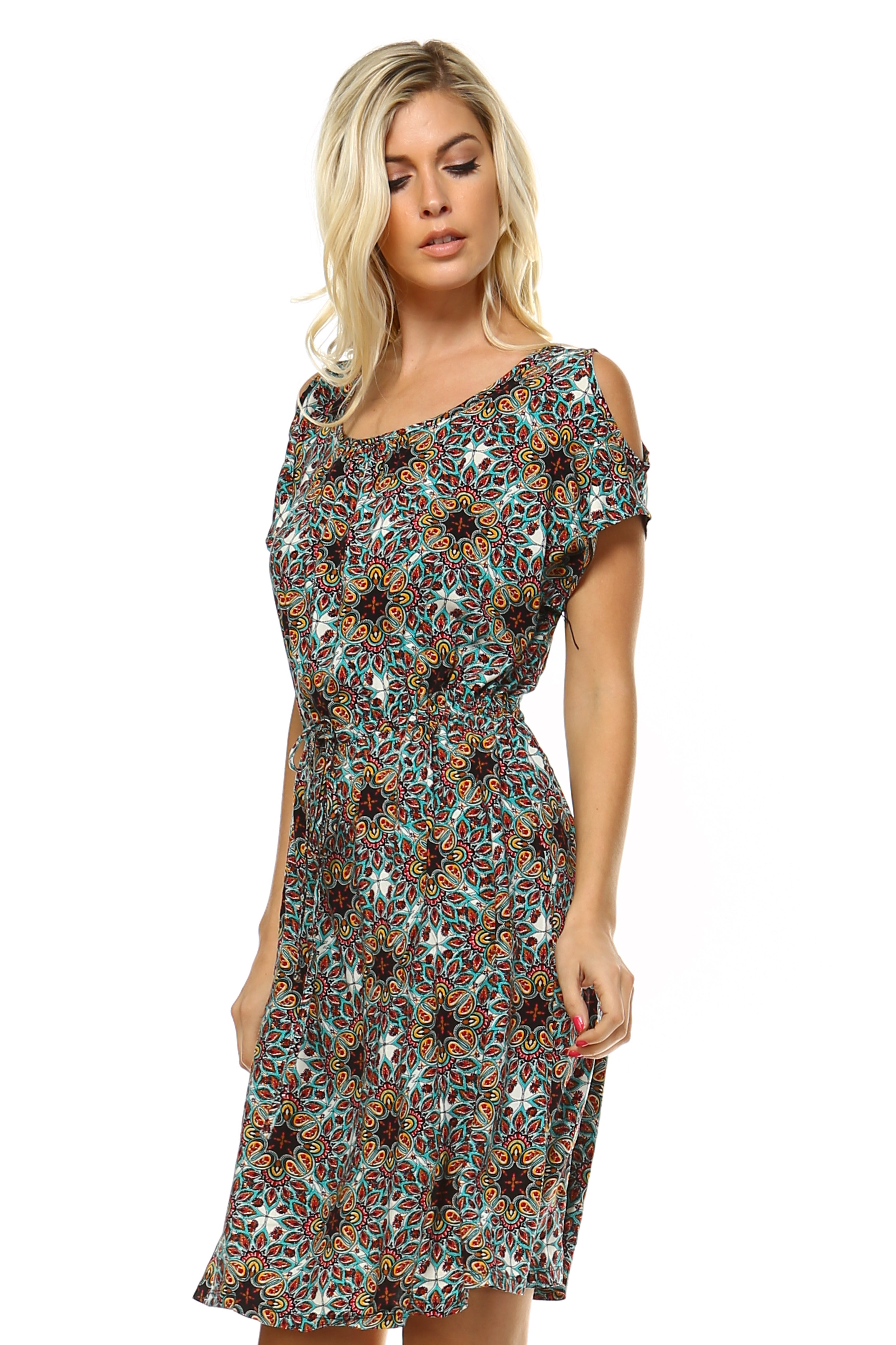 The Savannah - Women's Turquoise Print Cold Shoulder Dress
