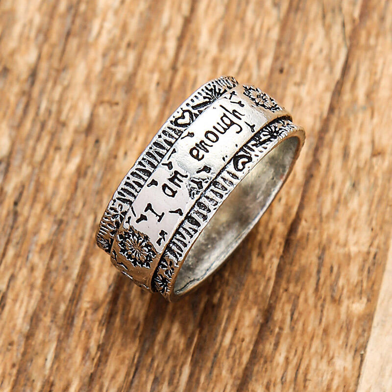 I Am Enough Metal Vintage Ring with Dandelions & Hearts