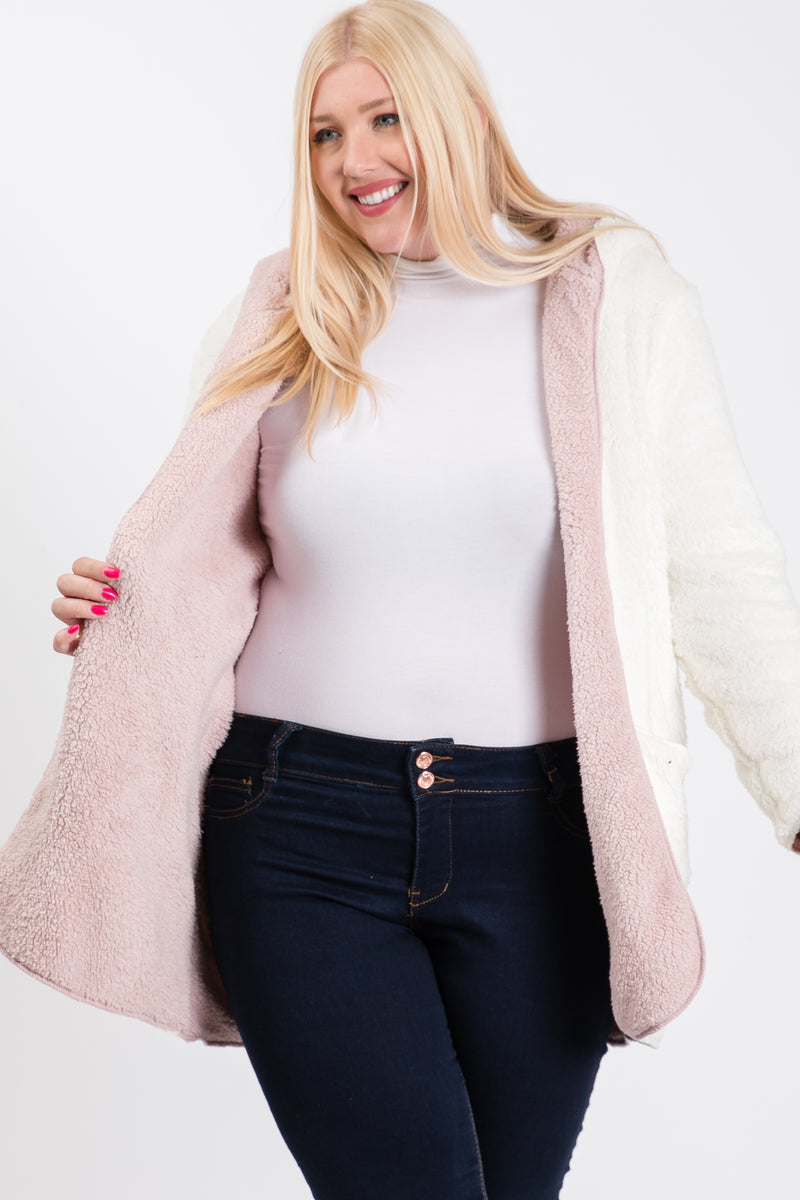 The Stefani - Women's Faux Sherpa Hoodie Jacket in Pink/Ivory