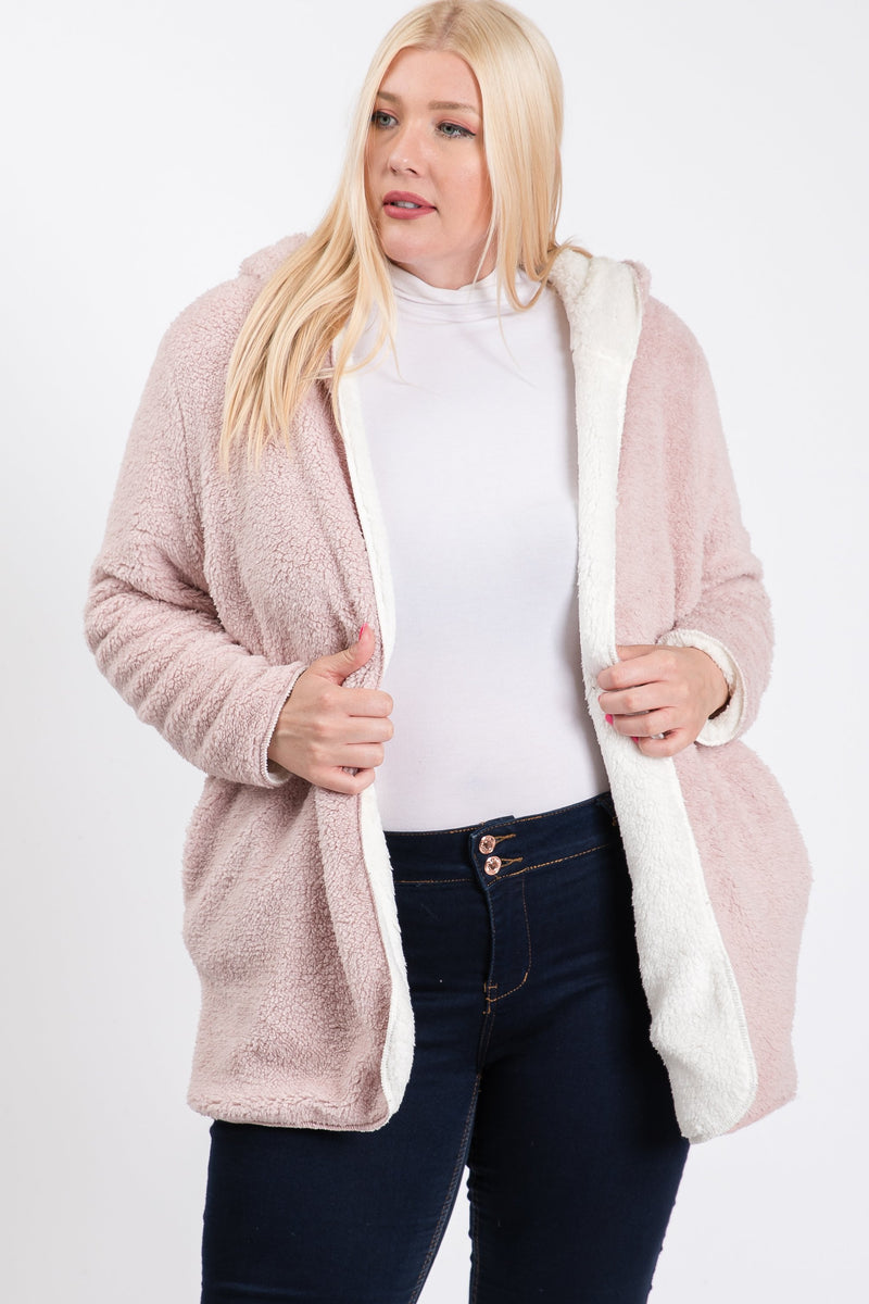 The Stefani - Women's Plus Size Faux Sherpa Hoodie Jacket in Pink/Ivory
