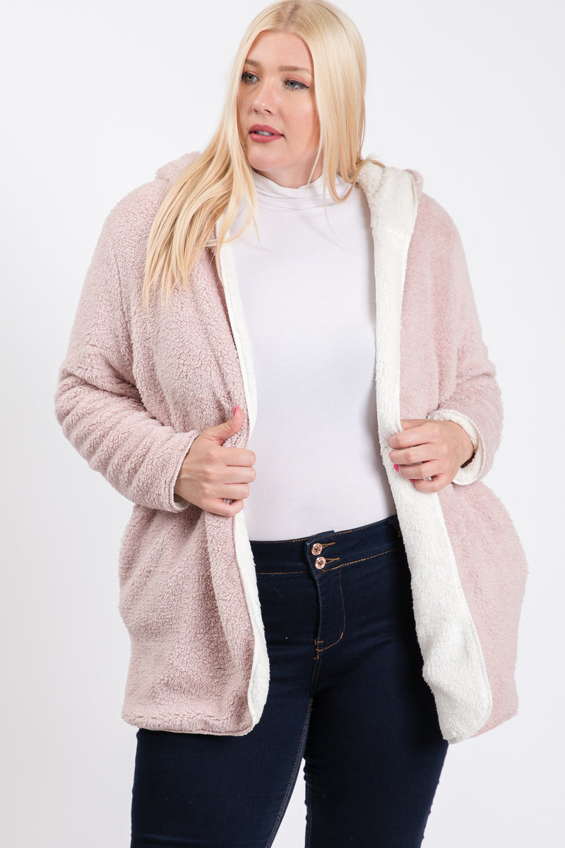 The Stefani - Women's Faux Sherpa Hoodie Jacket in Pink/Ivory