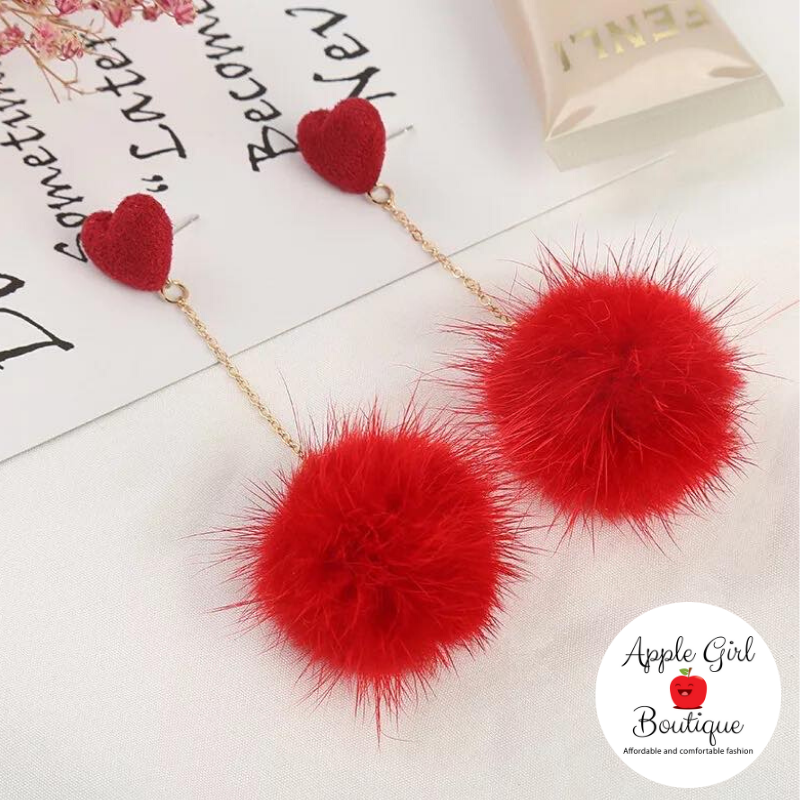 Heart & Pom-Pom Dangle Earrings in Red