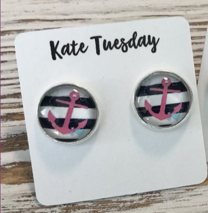 Black & White Stripe and Pink Anchor Earrings