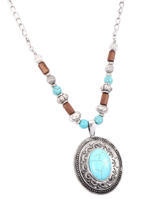 Aztec Oval Metal Turquoise Beaded Necklace