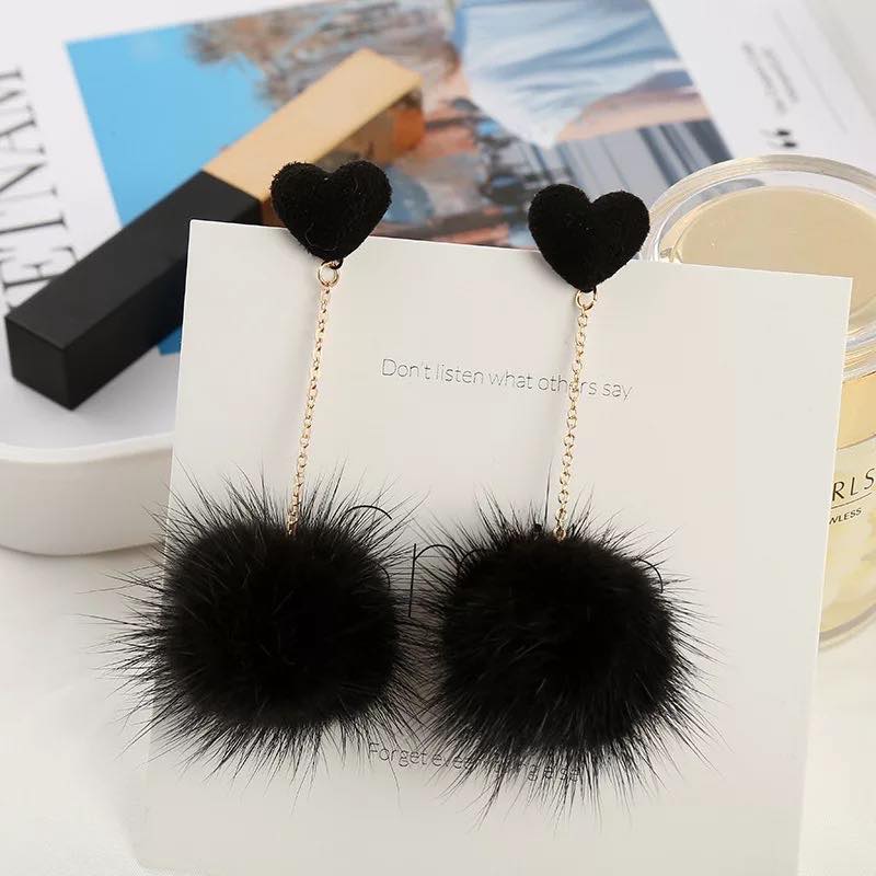 Heart & Pom-Pom Dangle Earrings in Black