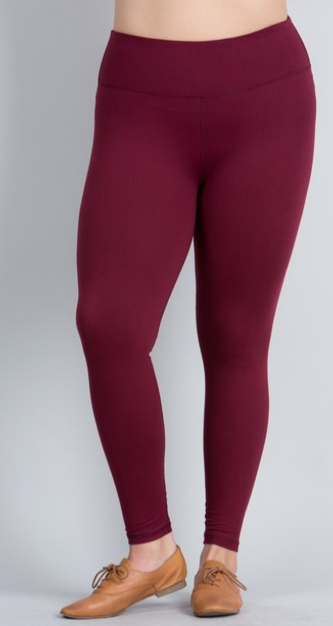 Burgundy Solid Leggings with Yoga Band - Women's Extra TC Plus