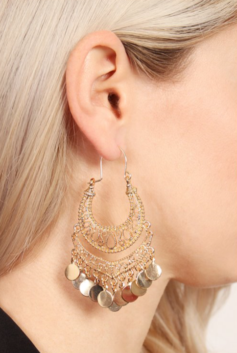 Filigree Disc Drop Earrings in Gold