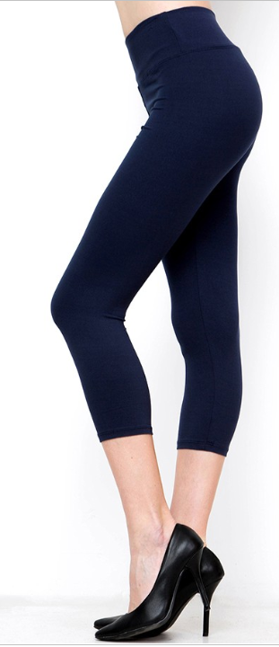 Navy Solid Capri Leggings with Yoga Band - Women's One Size