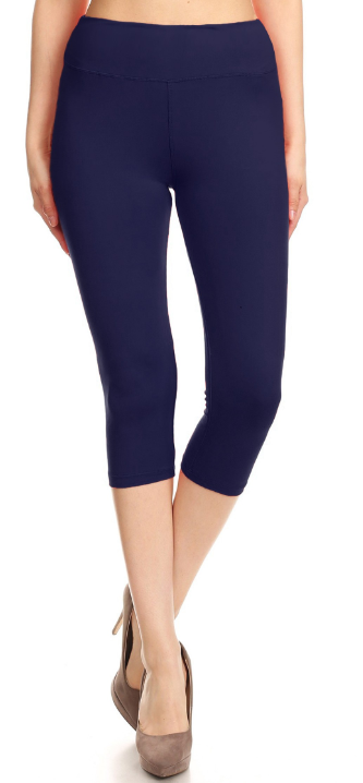 Solid Navy Premium Capris with Yoga Band - Women's One Size