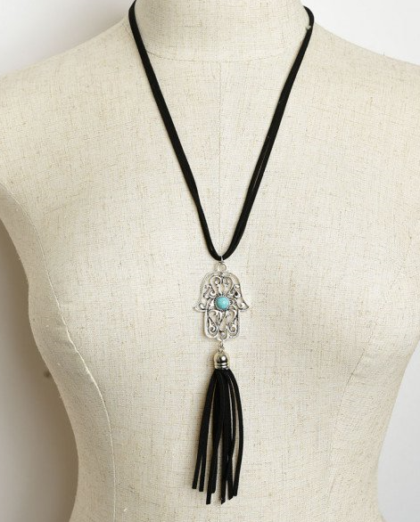 Palm Shaped Black Tassel Drop Necklace with Turquoise Gem
