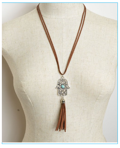 Palm Shaped Brown Tassel Drop Necklace with Turquoise Gem