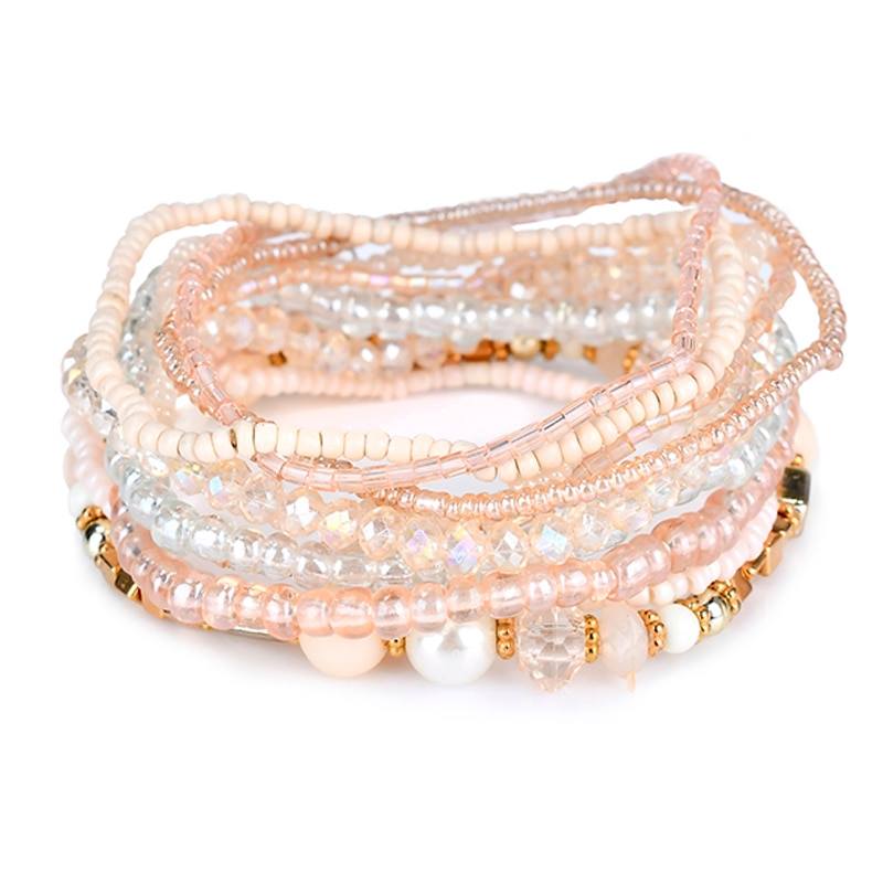 Pink & Cream Beaded Stretchy Bracelet Set
