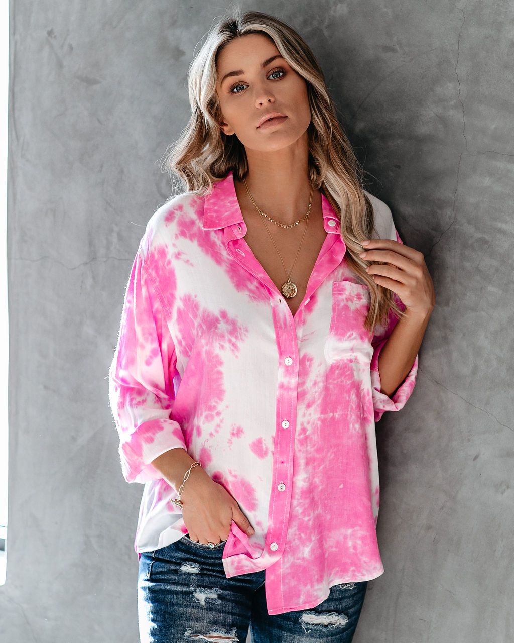 The Jennifer - Women's Button Down Tie Dye Top in Pink