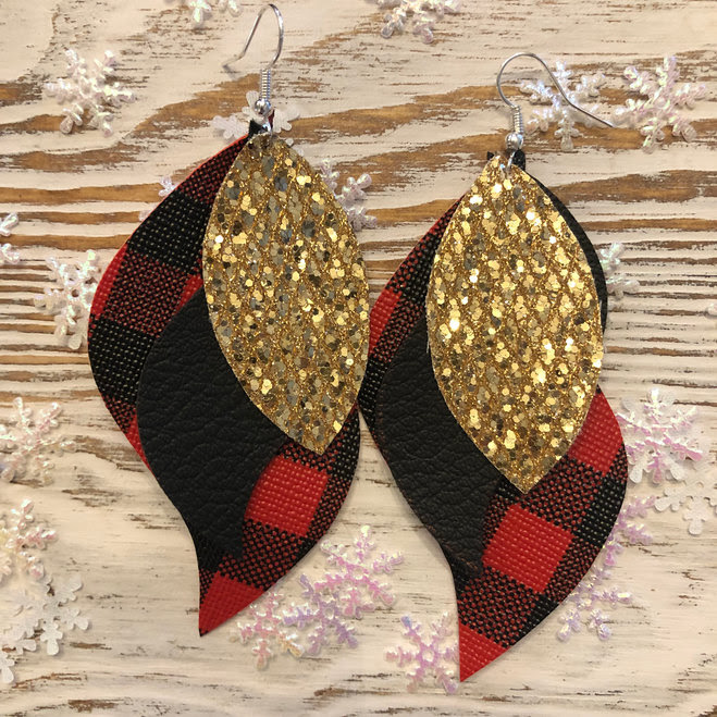 Buffalo Plaid & Glitter 3 Layer Earrings in Red & Black