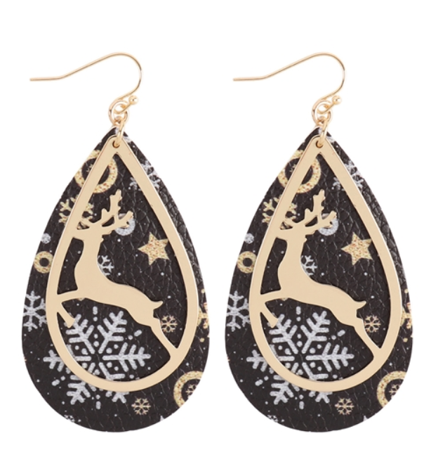 Prancer Reindeer Faux Leather Teardrop Earrings