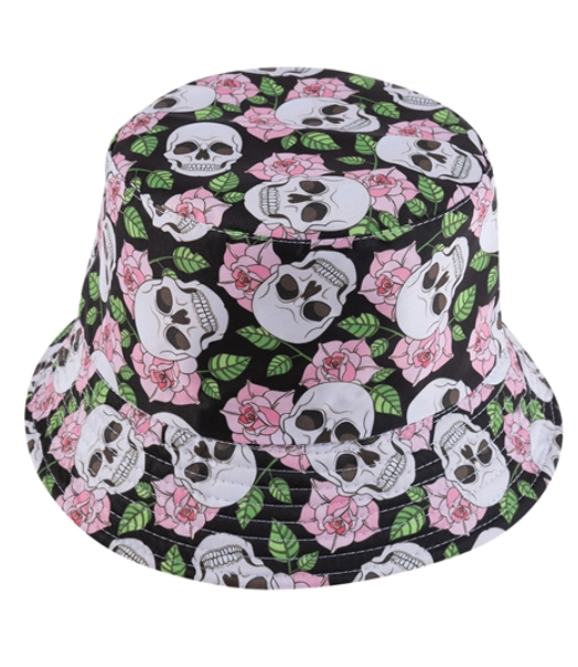 Black Rose Skull Reversible Bucket Hat