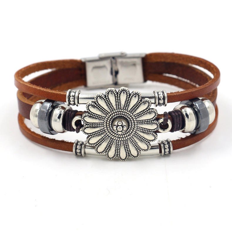 Sunflower & Leather Bracelet