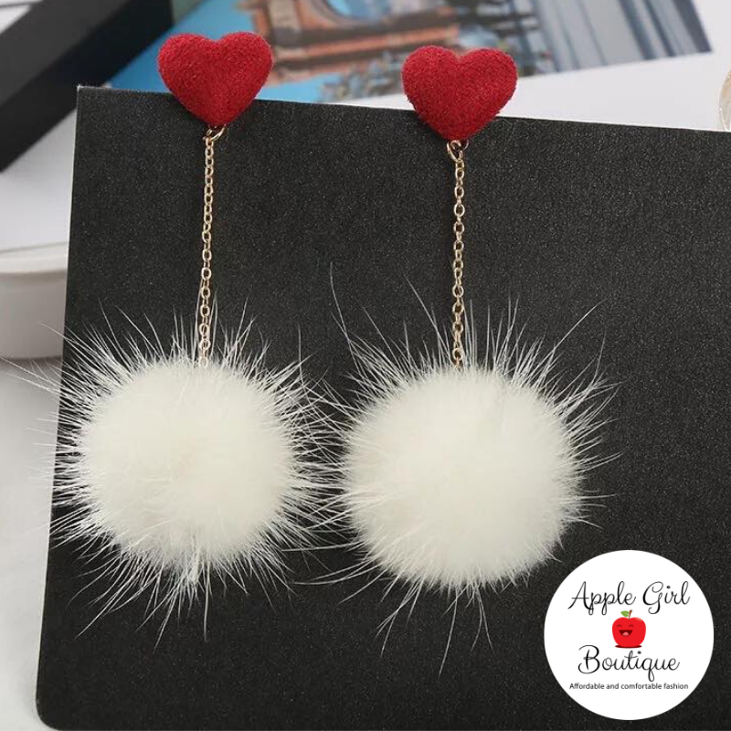 Heart & Pom-Pom Dangle Earrings in White